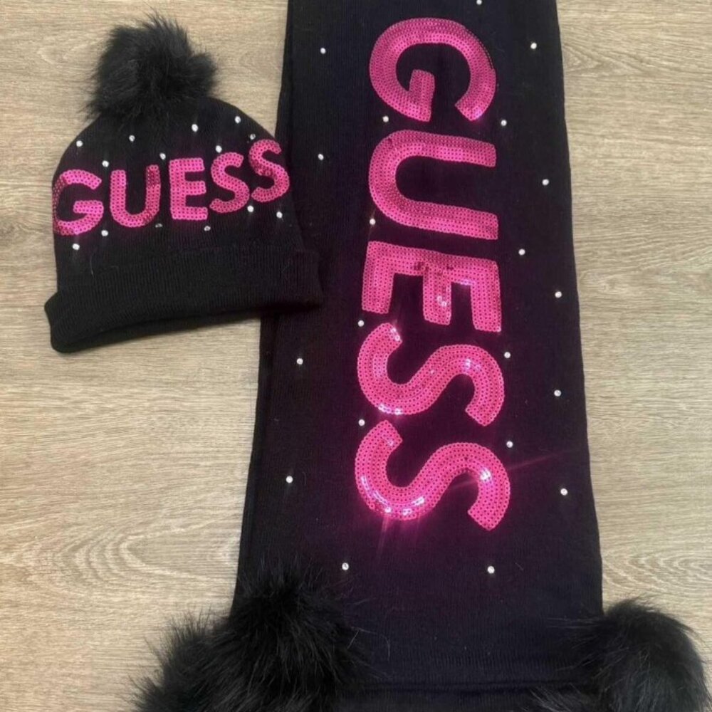 Guess Black Knit Beanie and Scarf Set with Hot Pink Sequin Logo